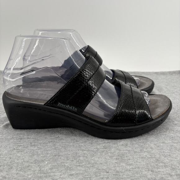 Mephisto Mobils Sandal 38/7.5-8 Air Relax Slip On Wedge Slide Black Leather - Picture 5 of 12